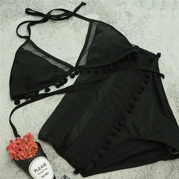 2019 Retro Mesh Hollow Out String High Waist Bikini Set