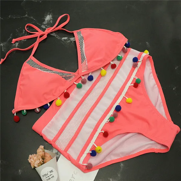 2019 Retro Mesh Hollow Out String High Waist Bikini Set
