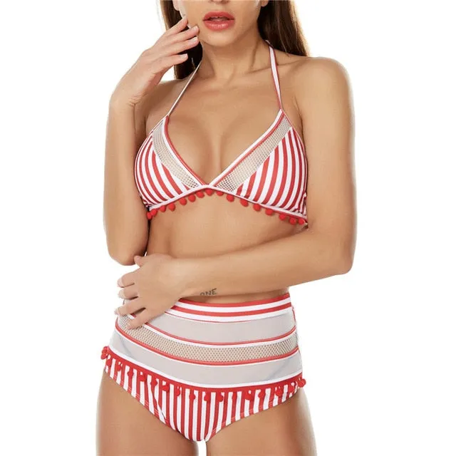 2019 Retro Mesh Hollow Out String High Waist Bikini Set