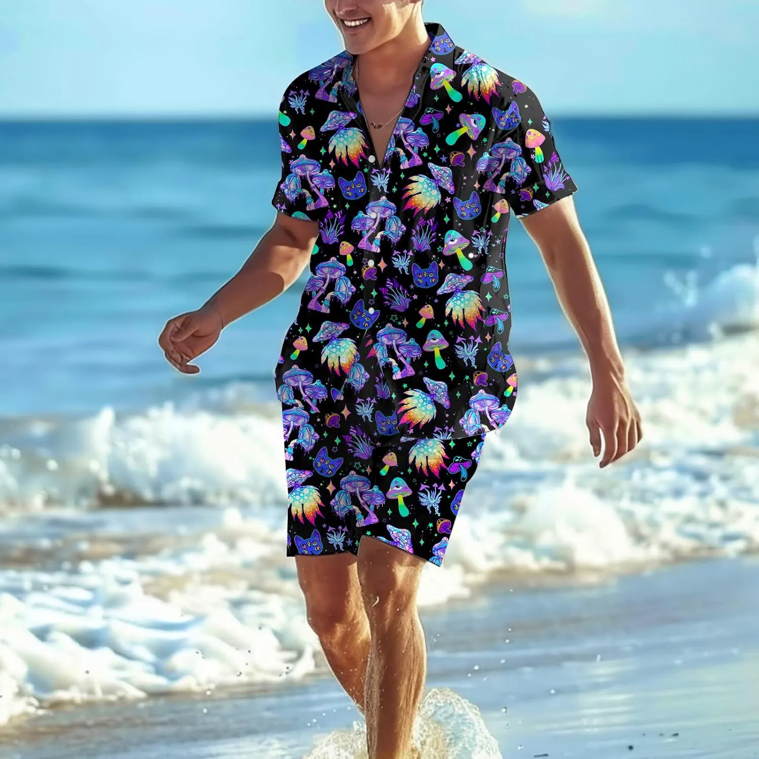 80s 90s Men's Hawaiian Outfits 2 Piece Shirt and Shorts Sets Button Down Beach Suits Disco Party