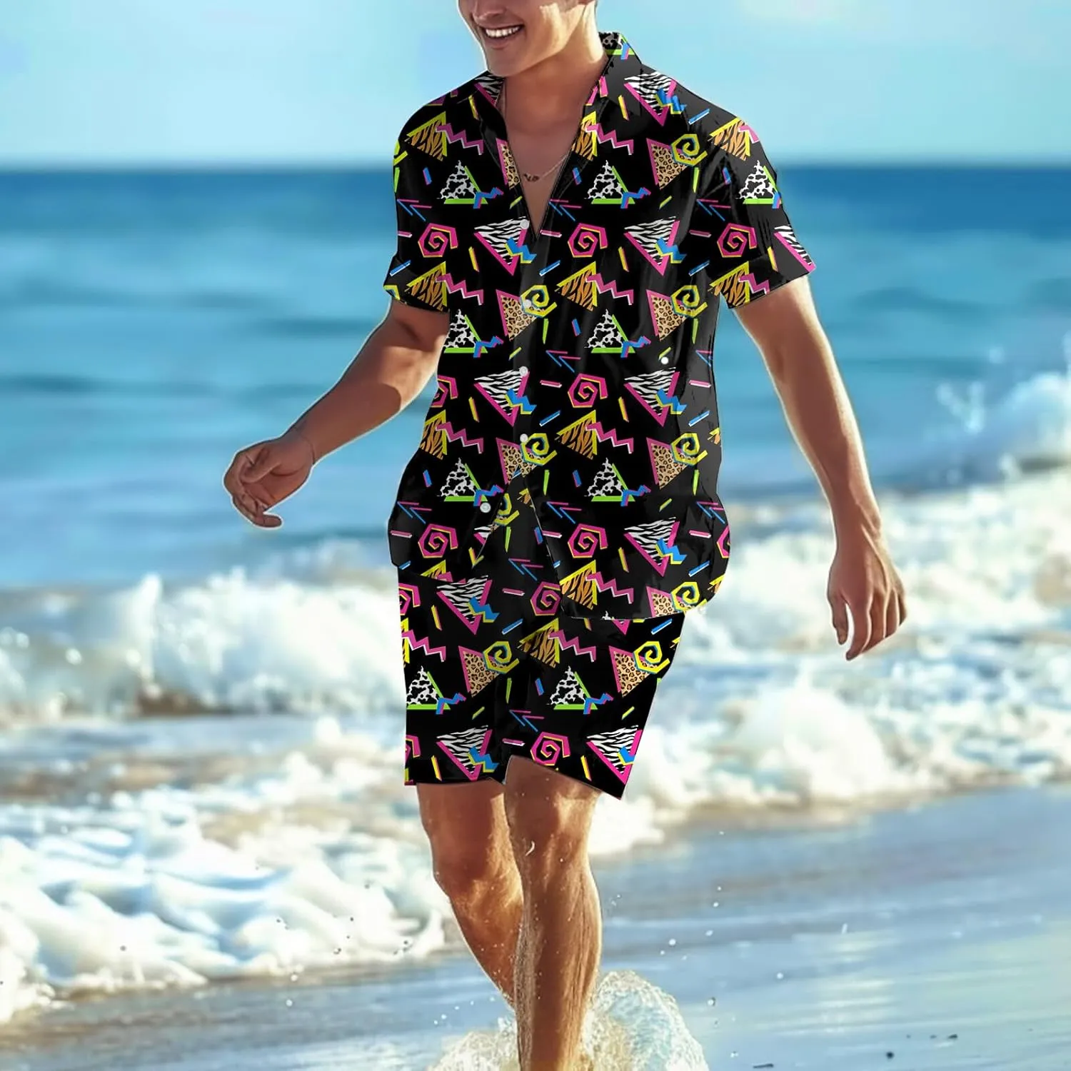 80s 90s Men's Hawaiian Outfits 2 Piece Shirt and Shorts Sets Button Down Beach Suits Disco Party