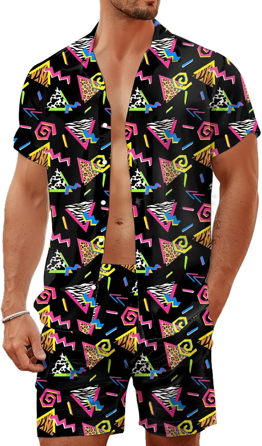 80s 90s Men's Hawaiian Outfits 2 Piece Shirt and Shorts Sets Button Down Beach Suits Disco Party