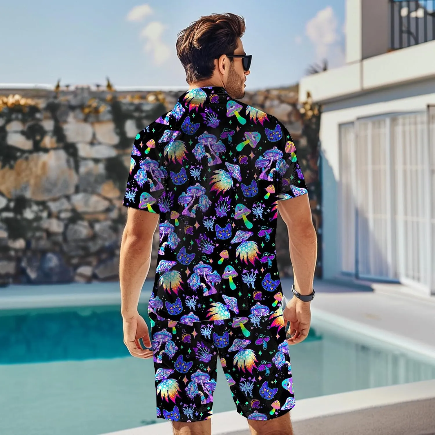 80s 90s Men's Hawaiian Outfits 2 Piece Shirt and Shorts Sets Button Down Beach Suits Disco Party