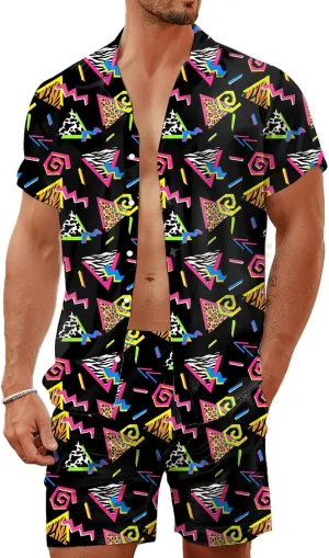80s 90s Men's Hawaiian Outfits 2 Piece Shirt and Shorts Sets Button Down Beach Suits Disco Party