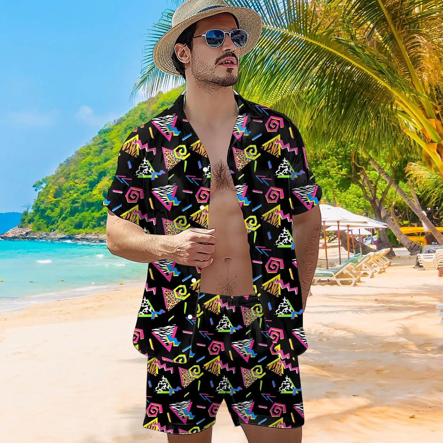 80s 90s Men's Hawaiian Outfits 2 Piece Shirt and Shorts Sets Button Down Beach Suits Disco Party