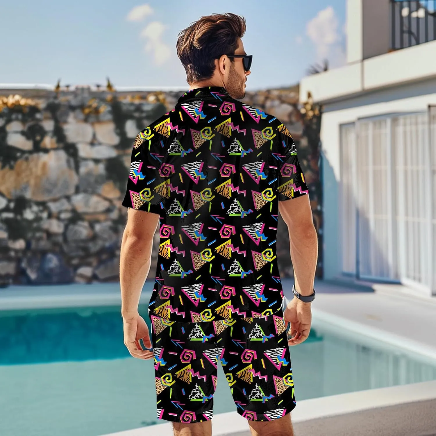 80s 90s Men's Hawaiian Outfits 2 Piece Shirt and Shorts Sets Button Down Beach Suits Disco Party