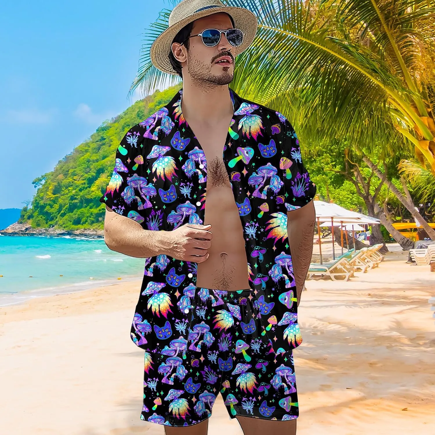 80s 90s Men's Hawaiian Outfits 2 Piece Shirt and Shorts Sets Button Down Beach Suits Disco Party