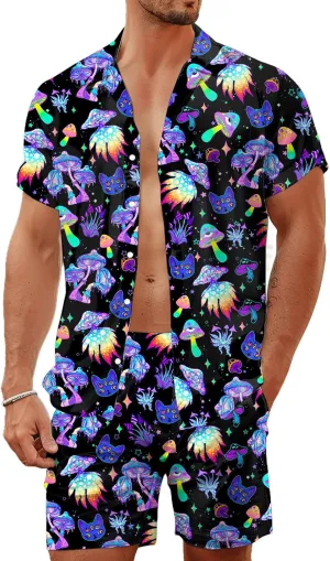 80s 90s Men's Hawaiian Outfits 2 Piece Shirt and Shorts Sets Button Down Beach Suits Disco Party