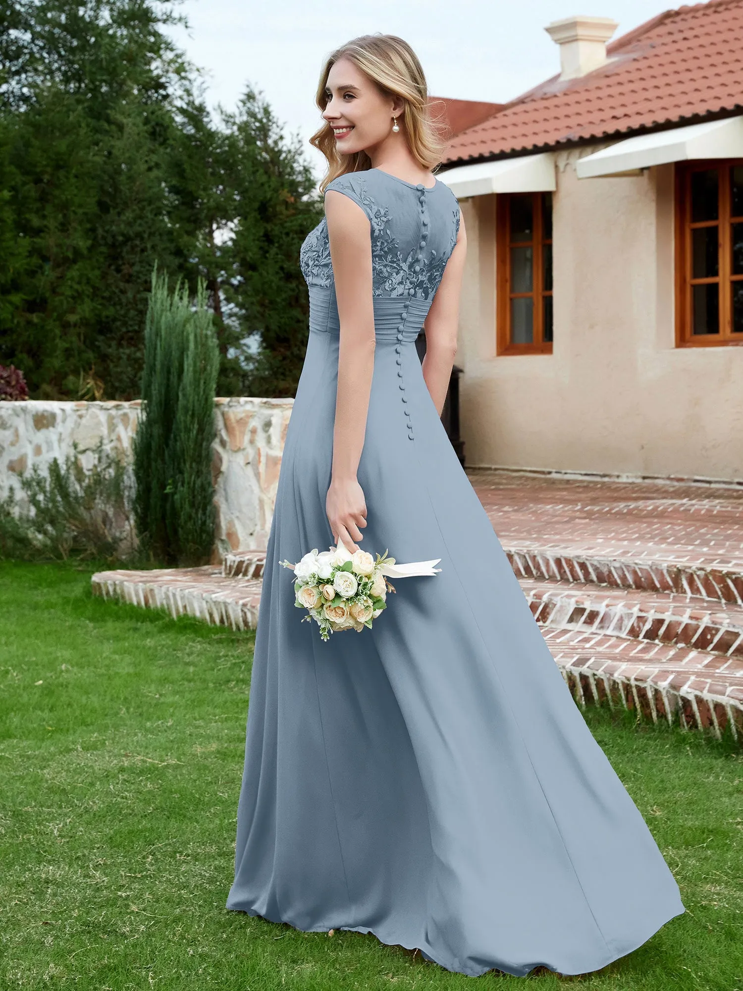 A-Line Chiffon Dress with Illusion Neckline Dusty Blue Plus Size