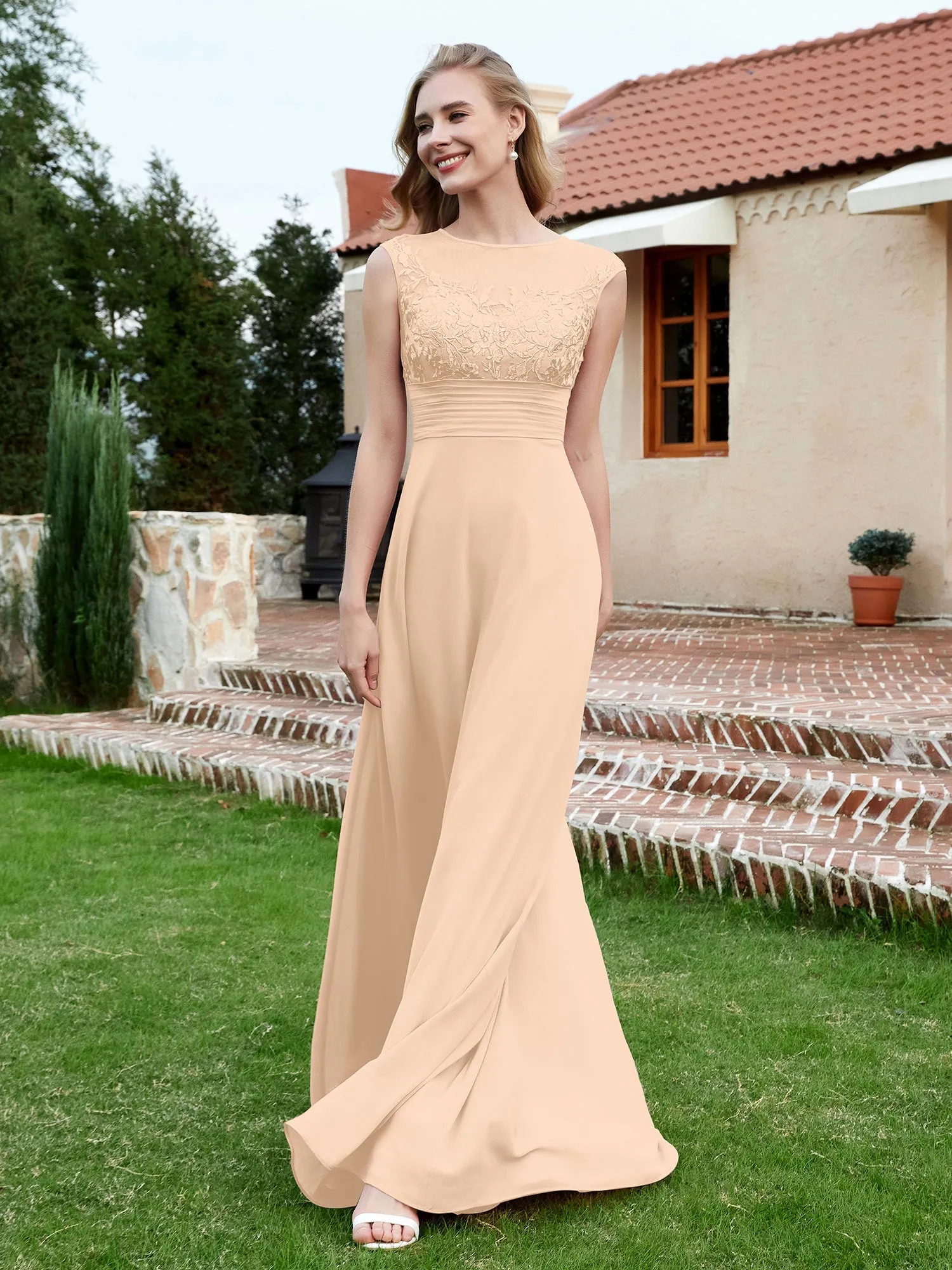 A-Line Chiffon Dress with Illusion Neckline Peach