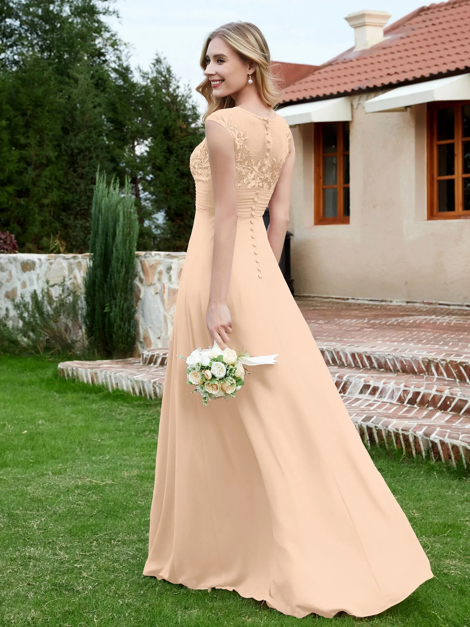 A-Line Chiffon Dress with Illusion Neckline Peach