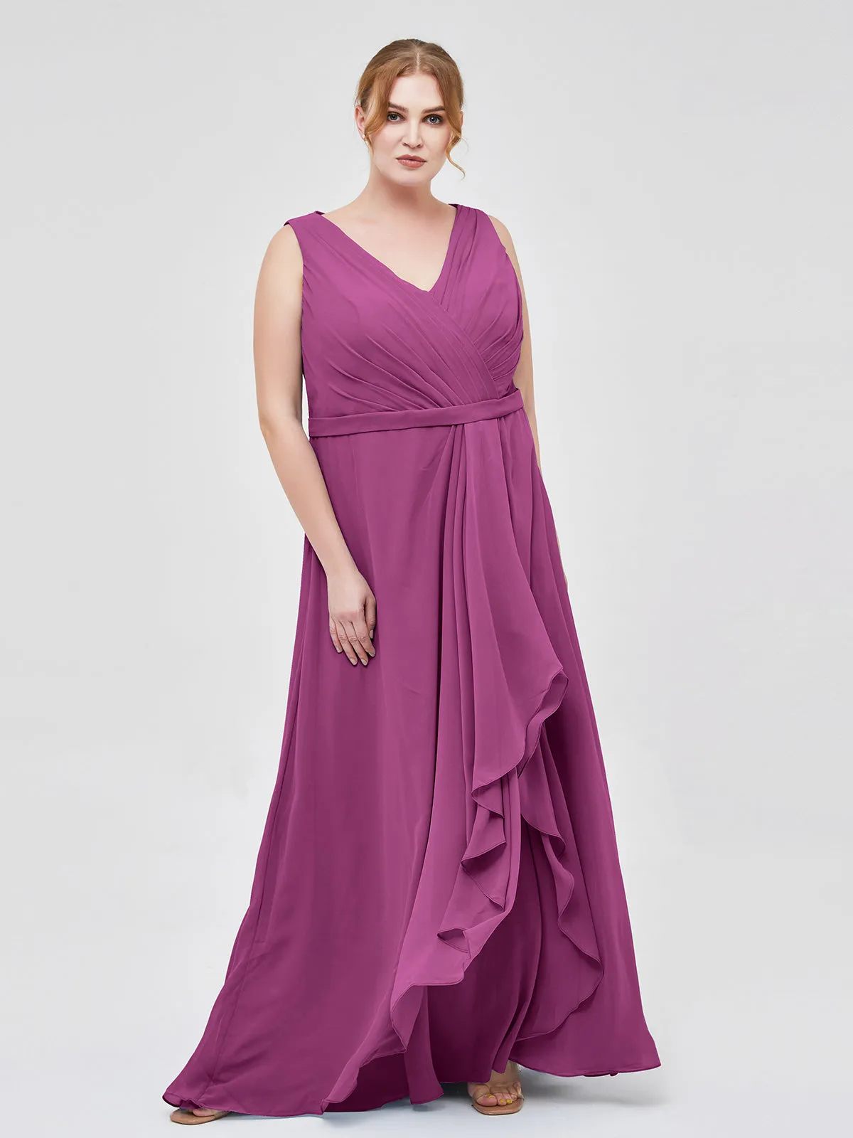 A-line Chiffon Open Back Dress With V-Neck Orchid Plus Size