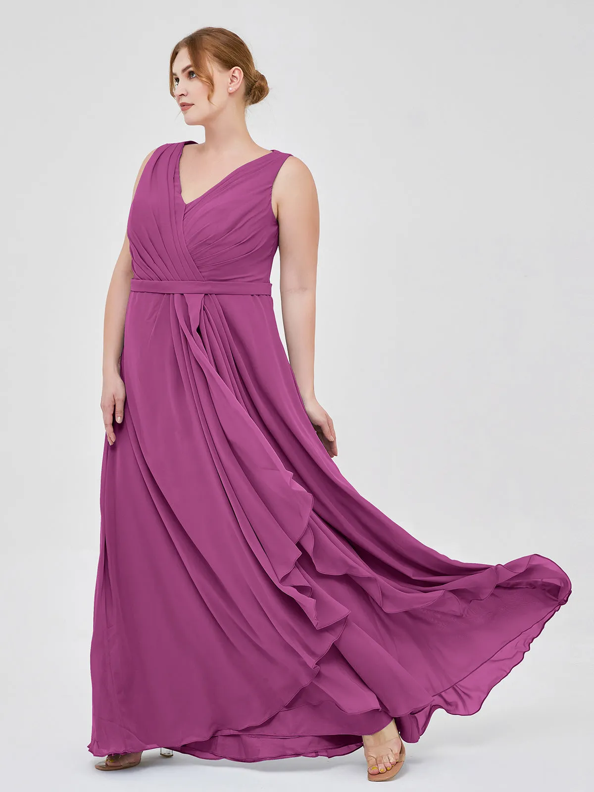 A-line Chiffon Open Back Dress With V-Neck Orchid Plus Size