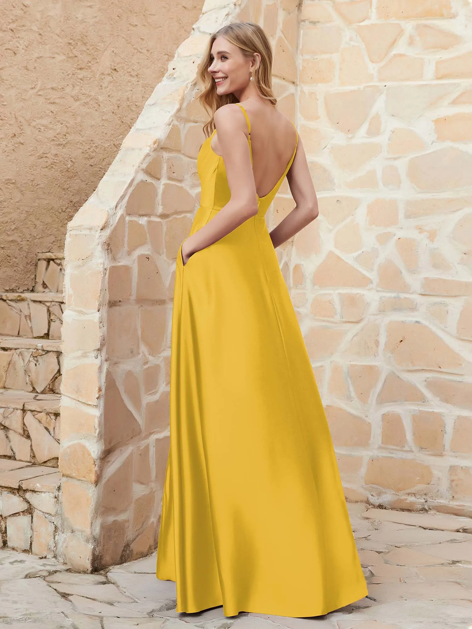 A-line Cowl Neck Satin Dress with Slit Marigold Plus Size