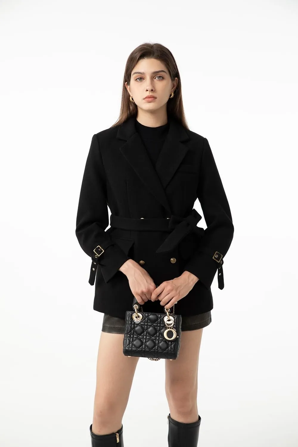Ababalaya Wool Blend Pea Coat Winter Trench Coat with Belt Thick Cotton Lined Overcoats