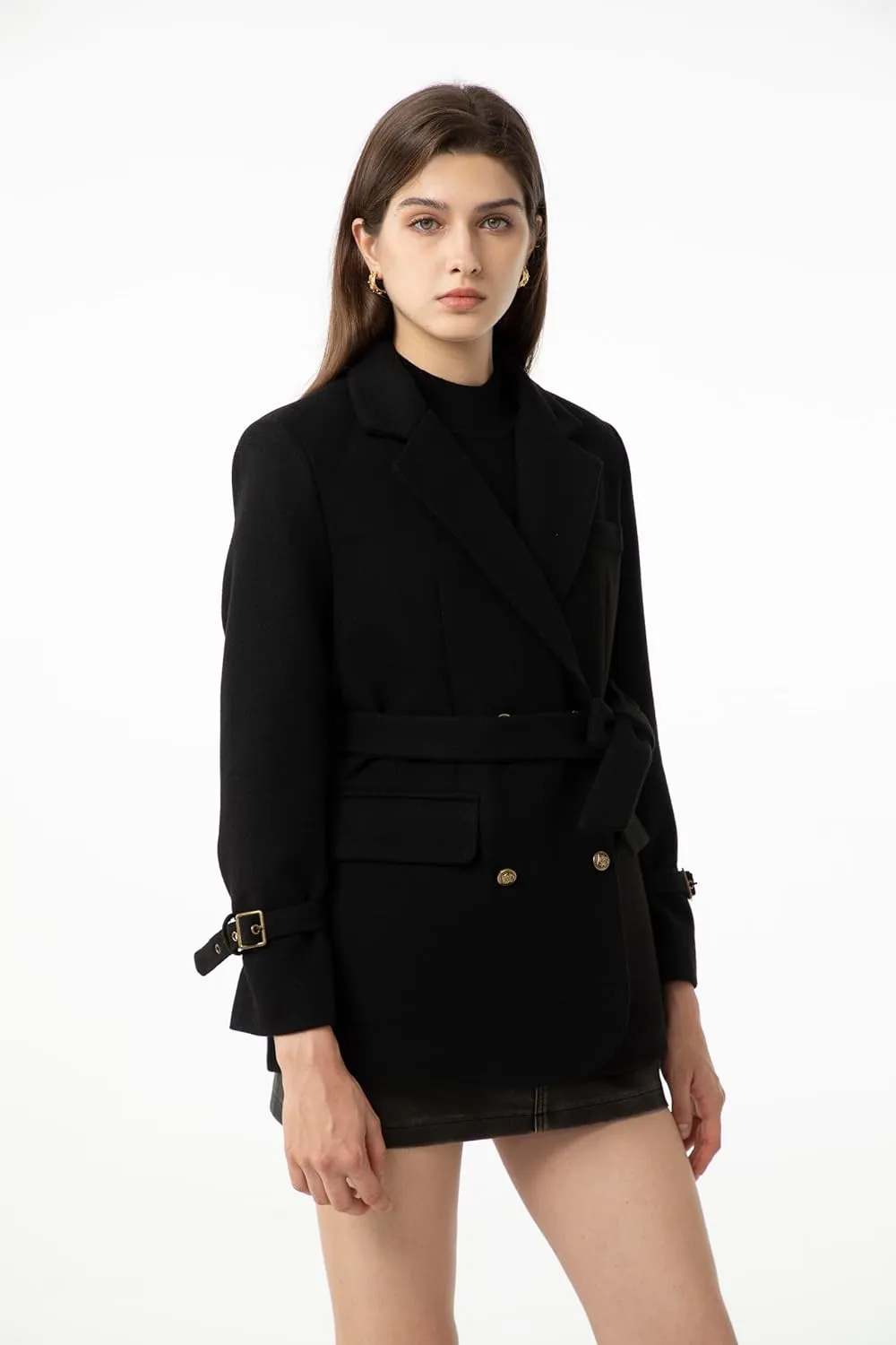 Ababalaya Wool Blend Pea Coat Winter Trench Coat with Belt Thick Cotton Lined Overcoats