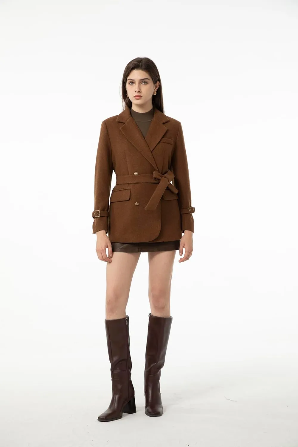 Ababalaya Wool Blend Pea Coat Winter Trench Coat with Belt Thick Cotton Lined Overcoats