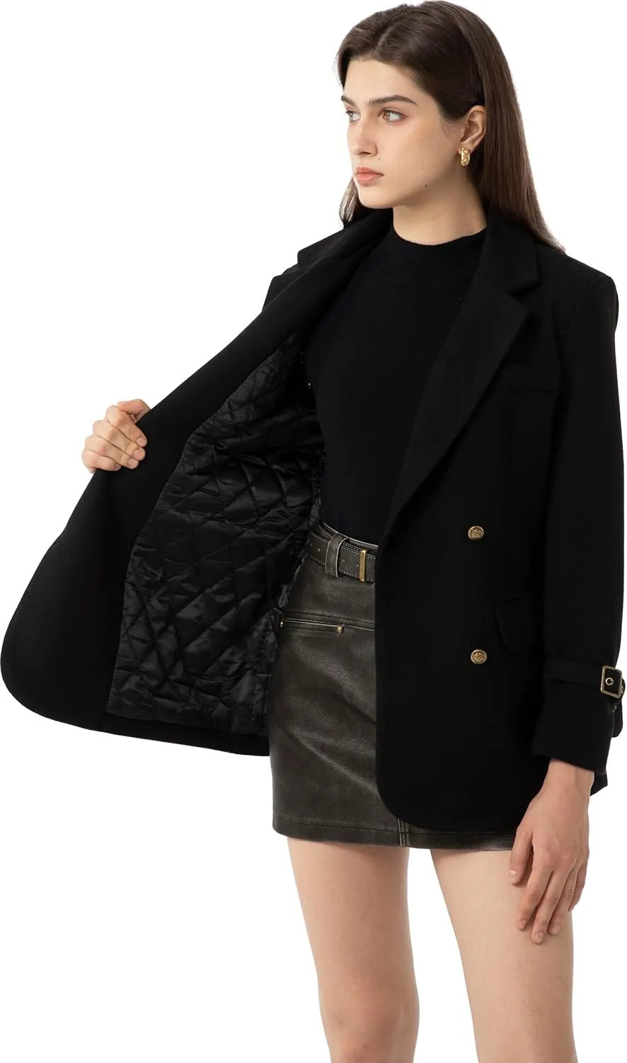 Ababalaya Wool Blend Pea Coat Winter Trench Coat with Belt Thick Cotton Lined Overcoats