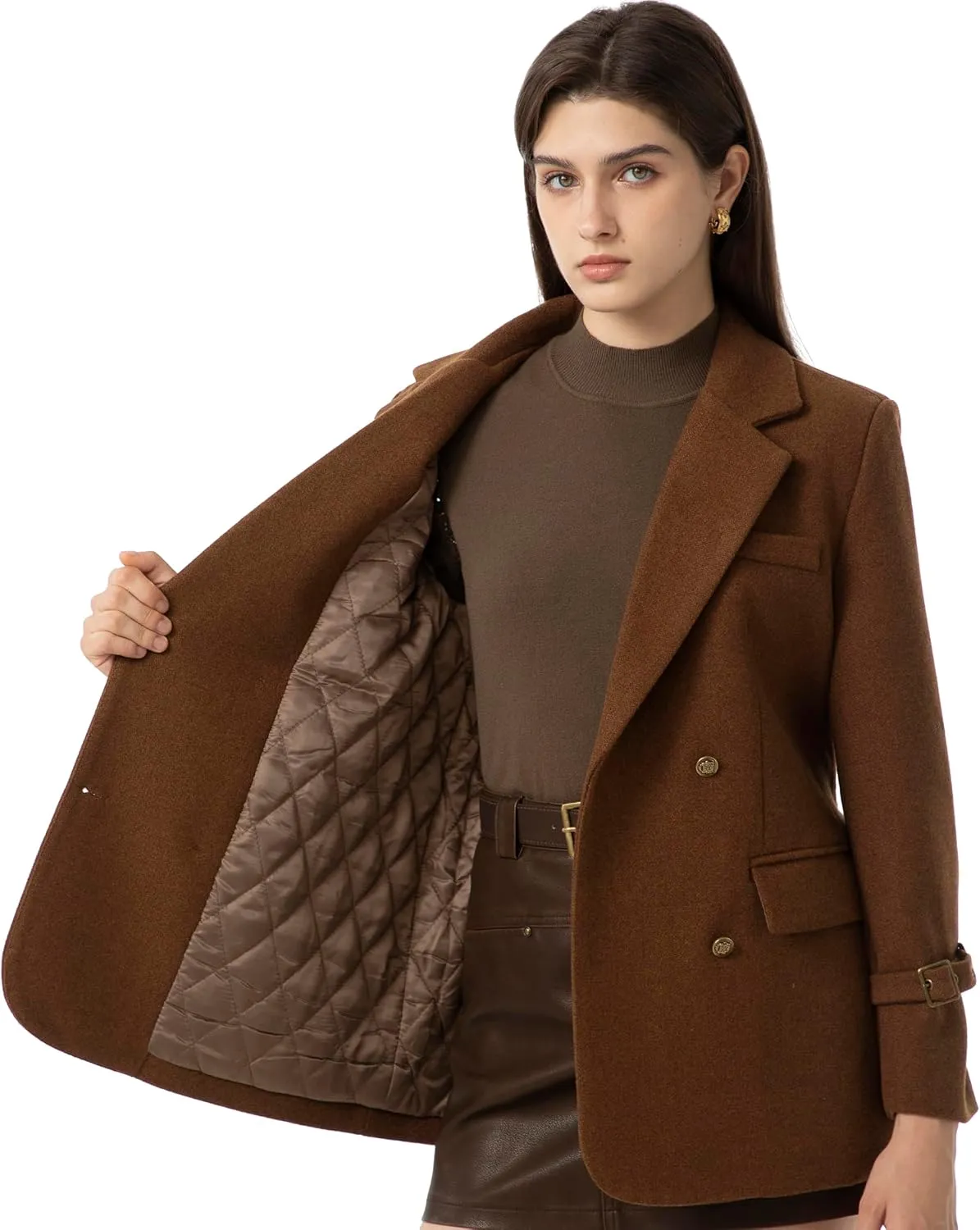 Ababalaya Wool Blend Pea Coat Winter Trench Coat with Belt Thick Cotton Lined Overcoats