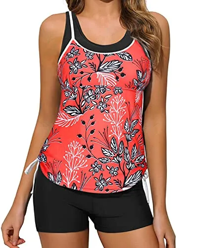 Adjustable Shoulder Straps Tankini Swimsuits Shorts Slimming Swimwear-Red Floral