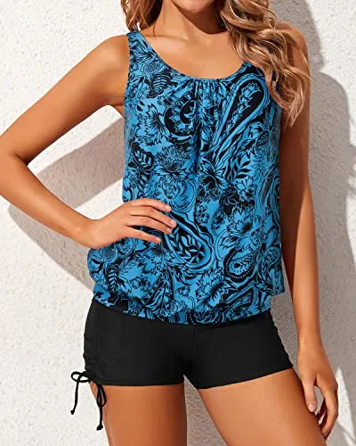 Adjustable Side Ties Swimsuits For Women Tops Boyshorts-Black And Tribal Blue