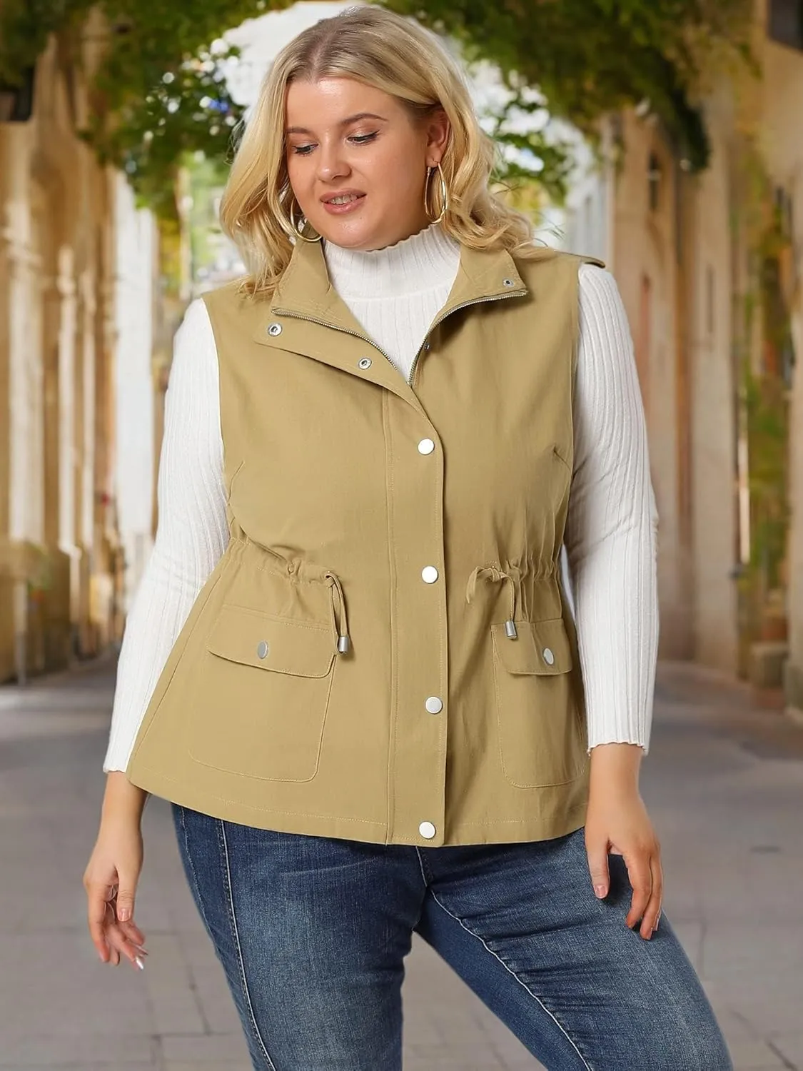 Agnes Orinda Plus Size Jackets for Women Lightweight Sleeveless Anorak Cargo Vest