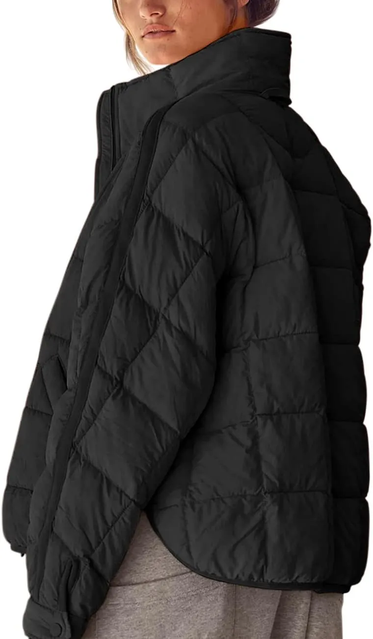 Aiopr Women's Oversized Lightweight Down Coat Long Sleeve Zip Packable Short Puffer Jackets