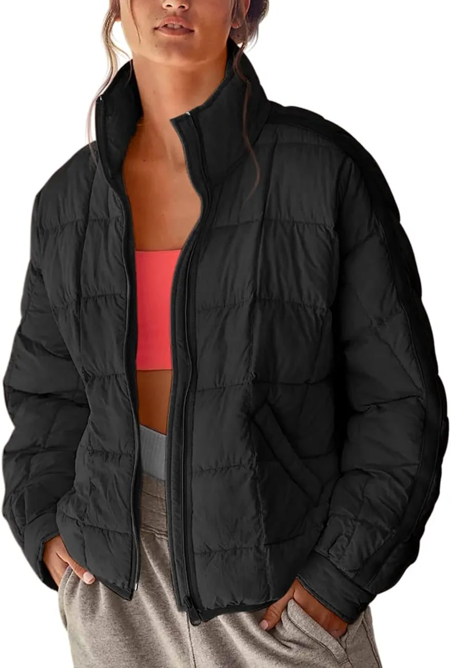 Aiopr Women's Oversized Lightweight Down Coat Long Sleeve Zip Packable Short Puffer Jackets