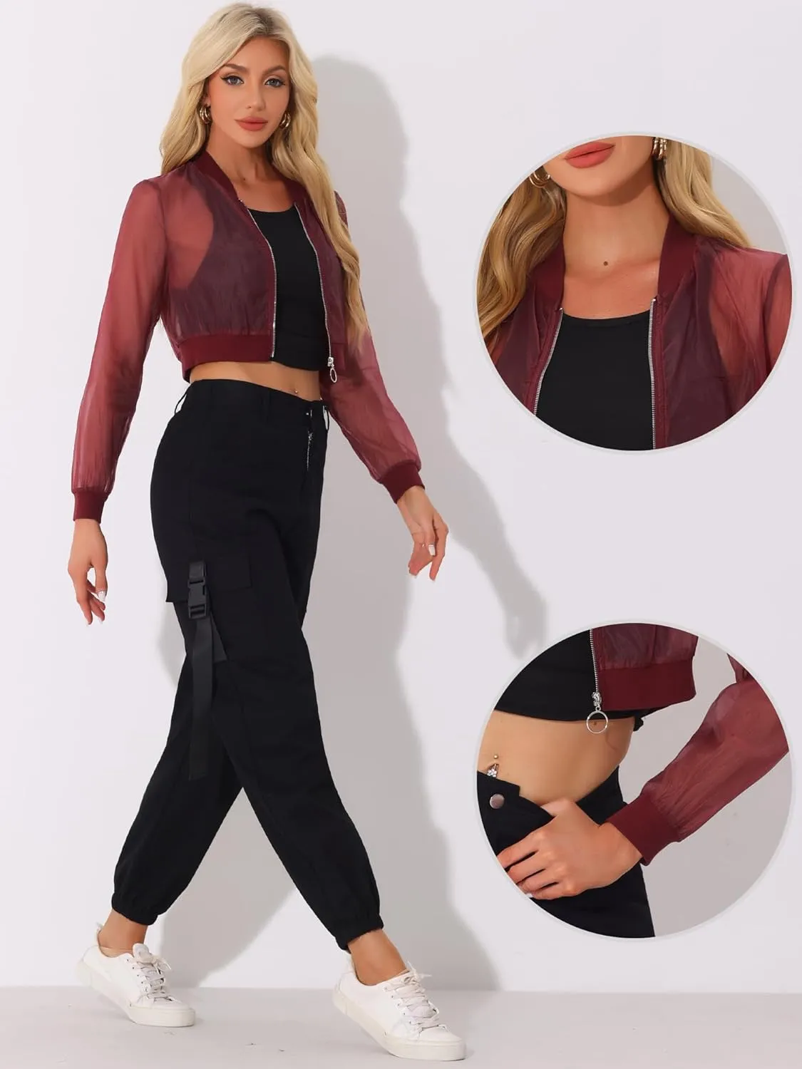 Allegra K Bomber Crop Jacket for Women's Sheer Mesh Lightweight Long Sleeve Jackets