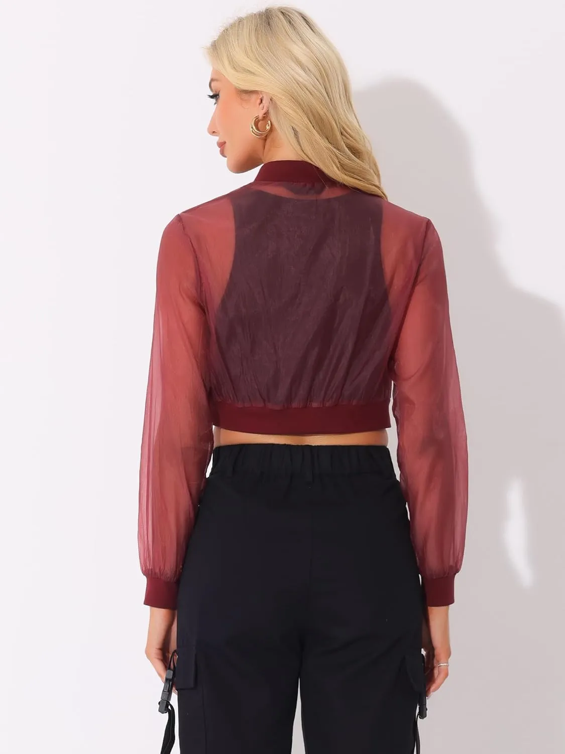 Allegra K Bomber Crop Jacket for Women's Sheer Mesh Lightweight Long Sleeve Jackets