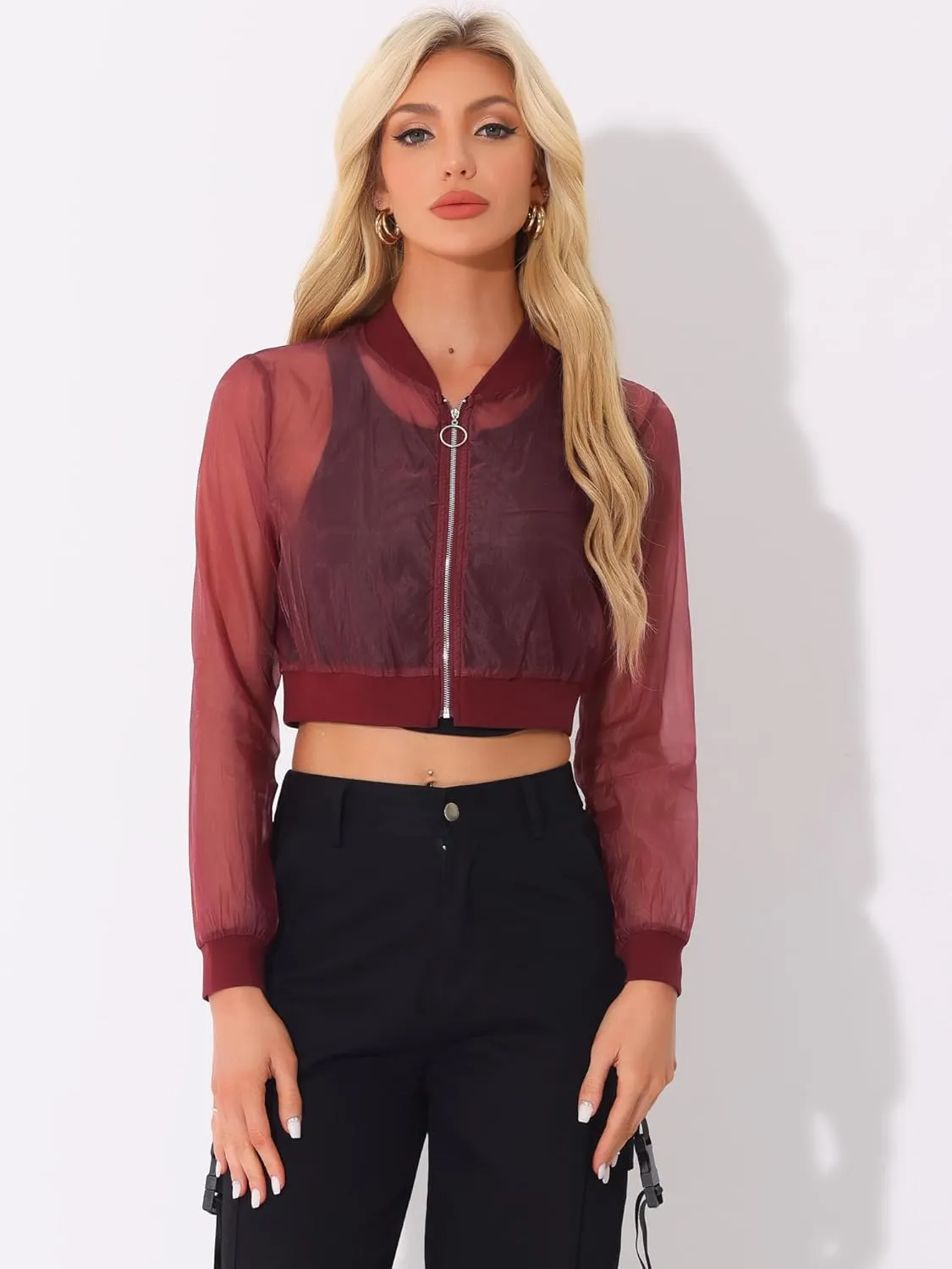 Allegra K Bomber Crop Jacket for Women's Sheer Mesh Lightweight Long Sleeve Jackets