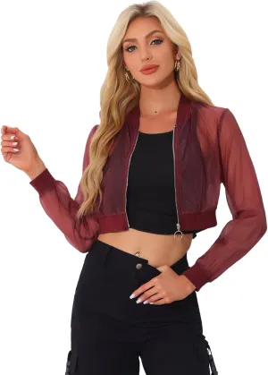 Allegra K Bomber Crop Jacket for Women's Sheer Mesh Lightweight Long Sleeve Jackets