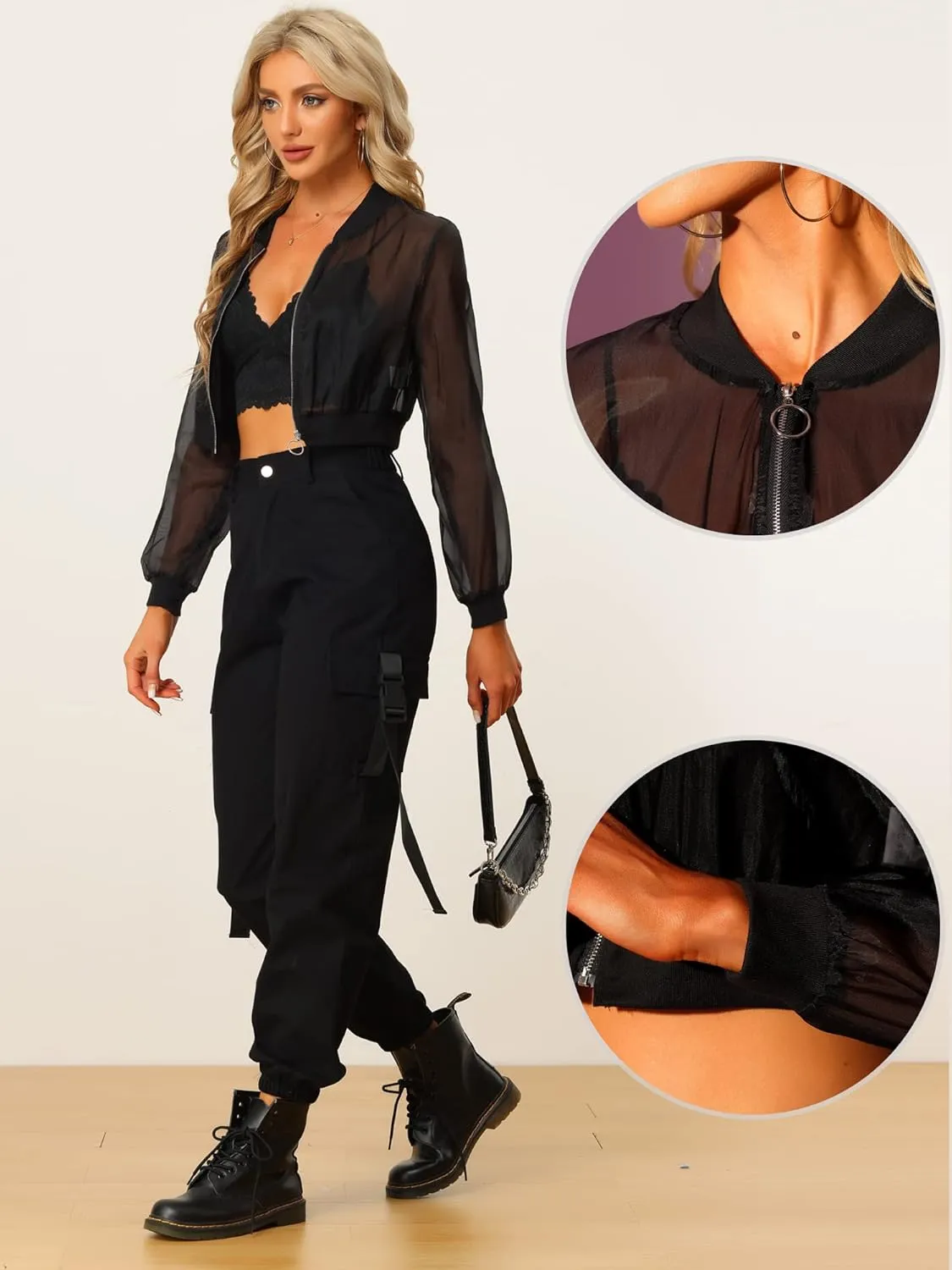 Allegra K Bomber Crop Jacket for Women's Sheer Mesh Lightweight Long Sleeve Jackets