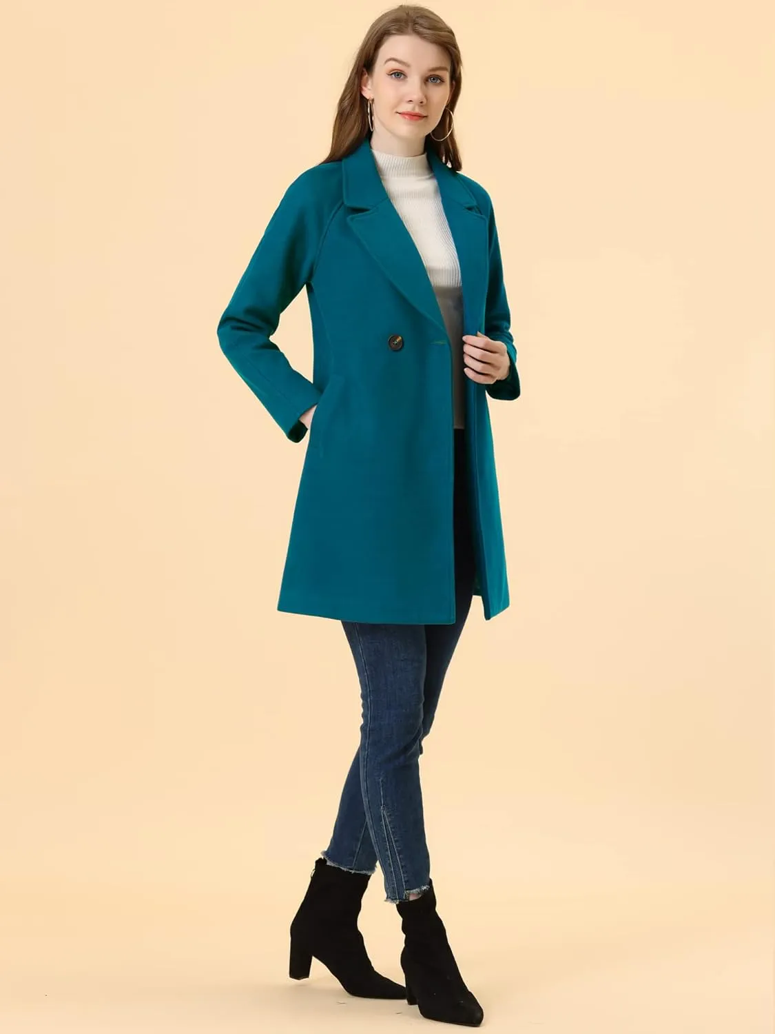 Allegra K Women's Notched Lapel Double Breasted Raglan Winter Coats