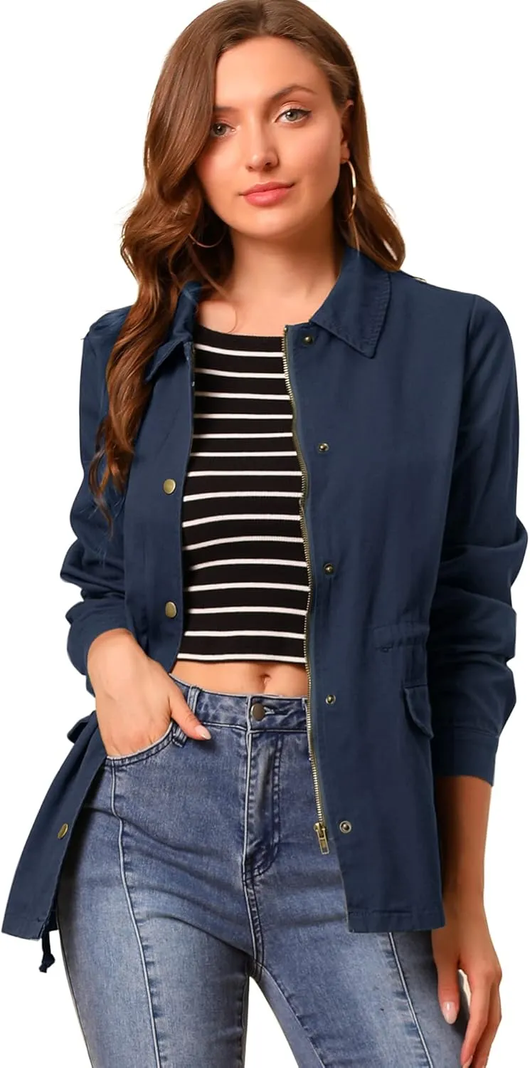 Allegra K Women's Utility Jackets Drawstring Waist 2025 Spring Flap Pockets Lightweight Jacket