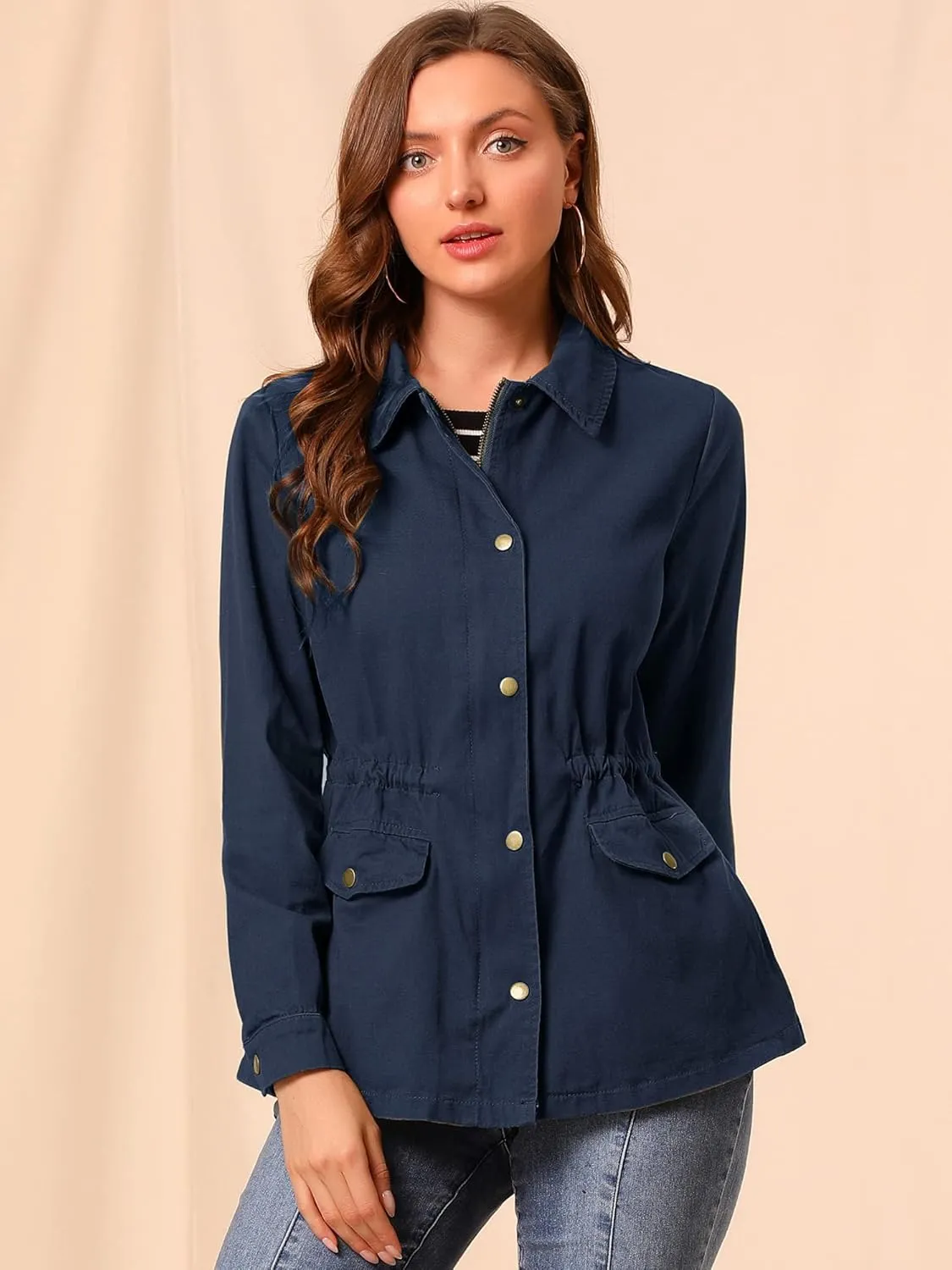 Allegra K Women's Utility Jackets Drawstring Waist 2025 Spring Flap Pockets Lightweight Jacket