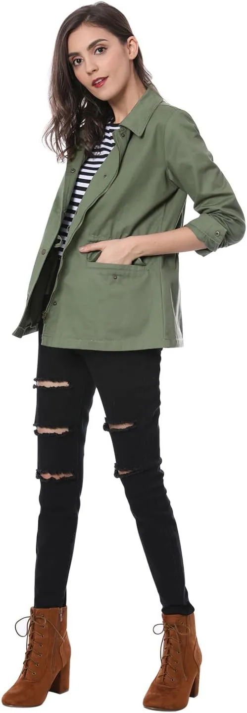 Allegra K Women's Utility Jackets Drawstring Waist 2025 Spring Flap Pockets Lightweight Jacket