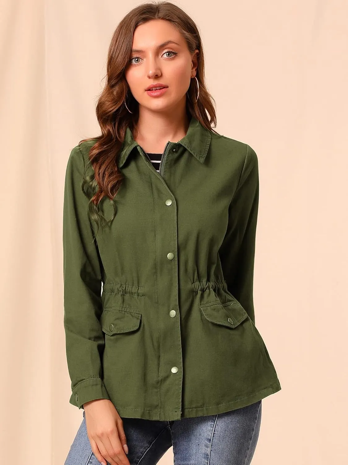 Allegra K Women's Utility Jackets Drawstring Waist 2025 Spring Flap Pockets Lightweight Jacket
