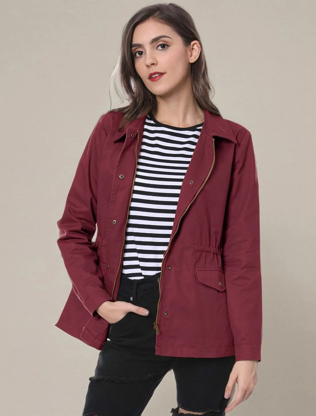Allegra K Women's Utility Jackets Drawstring Waist 2025 Spring Flap Pockets Lightweight Jacket
