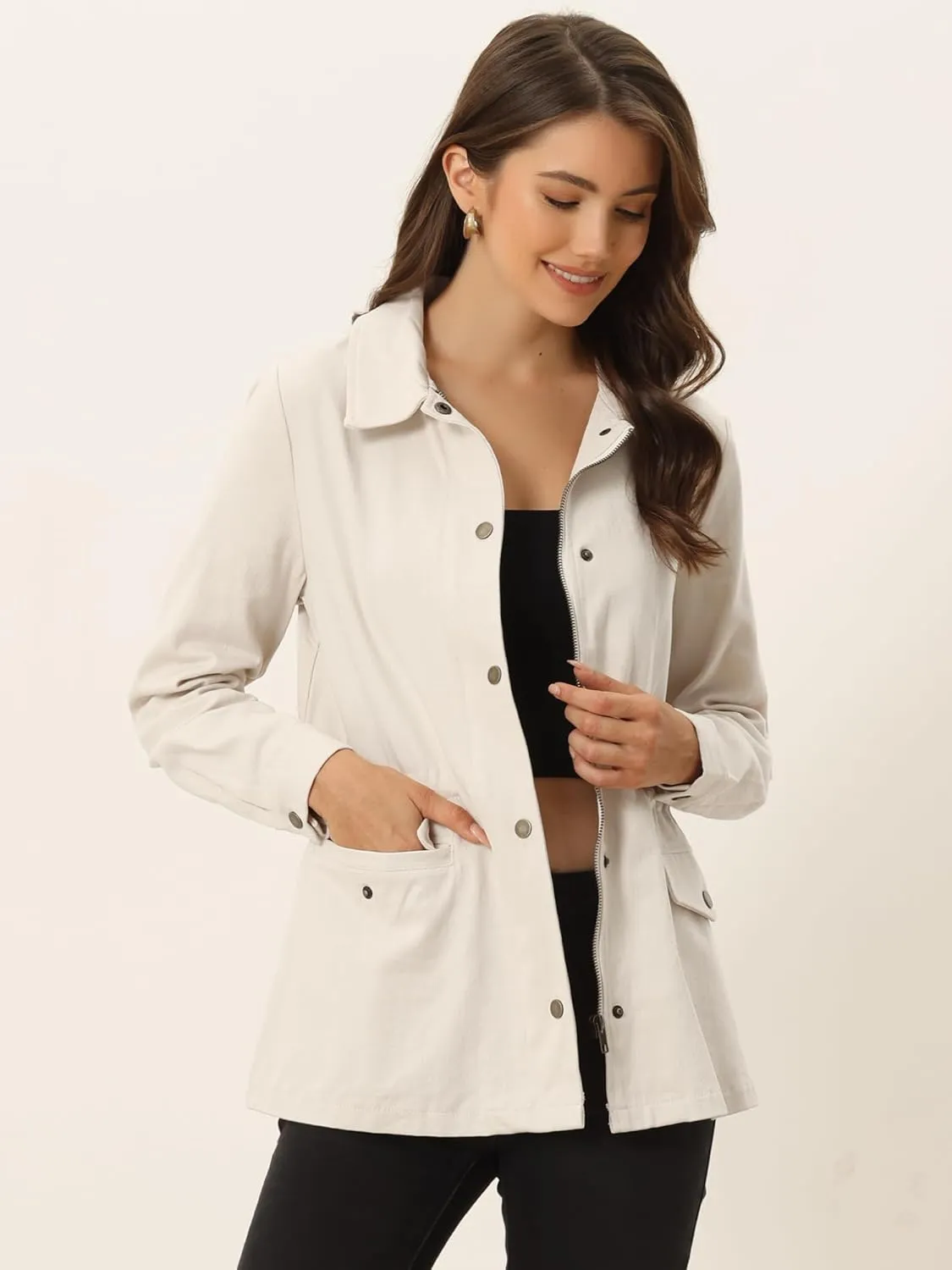 Allegra K Women's Utility Jackets Drawstring Waist 2025 Spring Flap Pockets Lightweight Jacket
