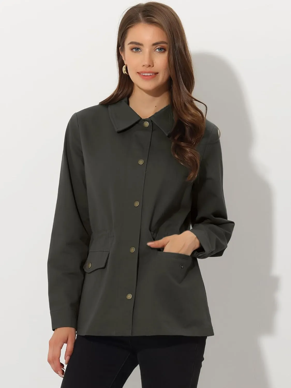 Allegra K Women's Utility Jackets Drawstring Waist 2025 Spring Flap Pockets Lightweight Jacket