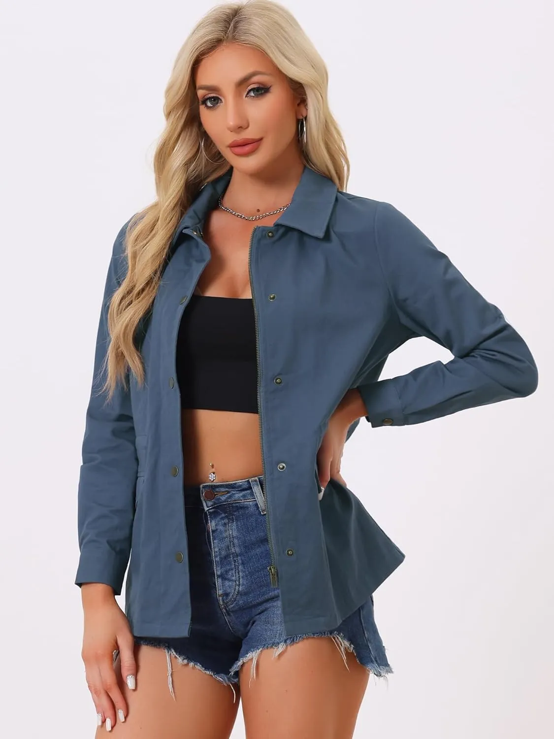 Allegra K Women's Utility Jackets Drawstring Waist 2025 Spring Flap Pockets Lightweight Jacket