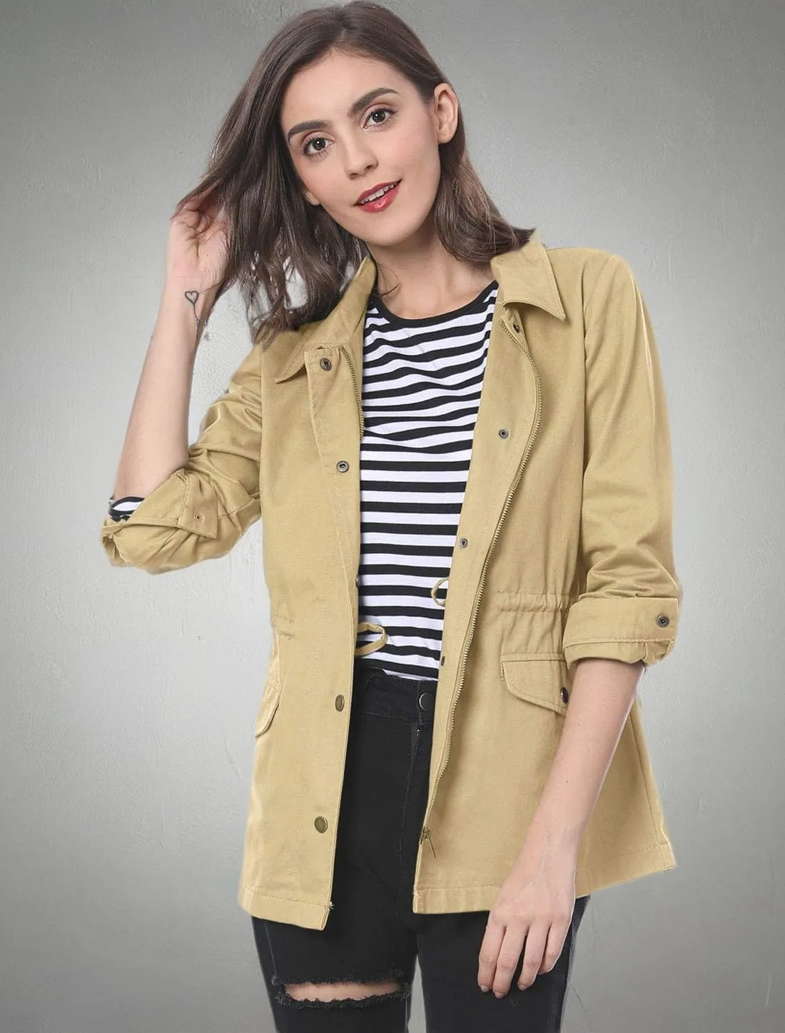 Allegra K Women's Utility Jackets Drawstring Waist 2025 Spring Flap Pockets Lightweight Jacket