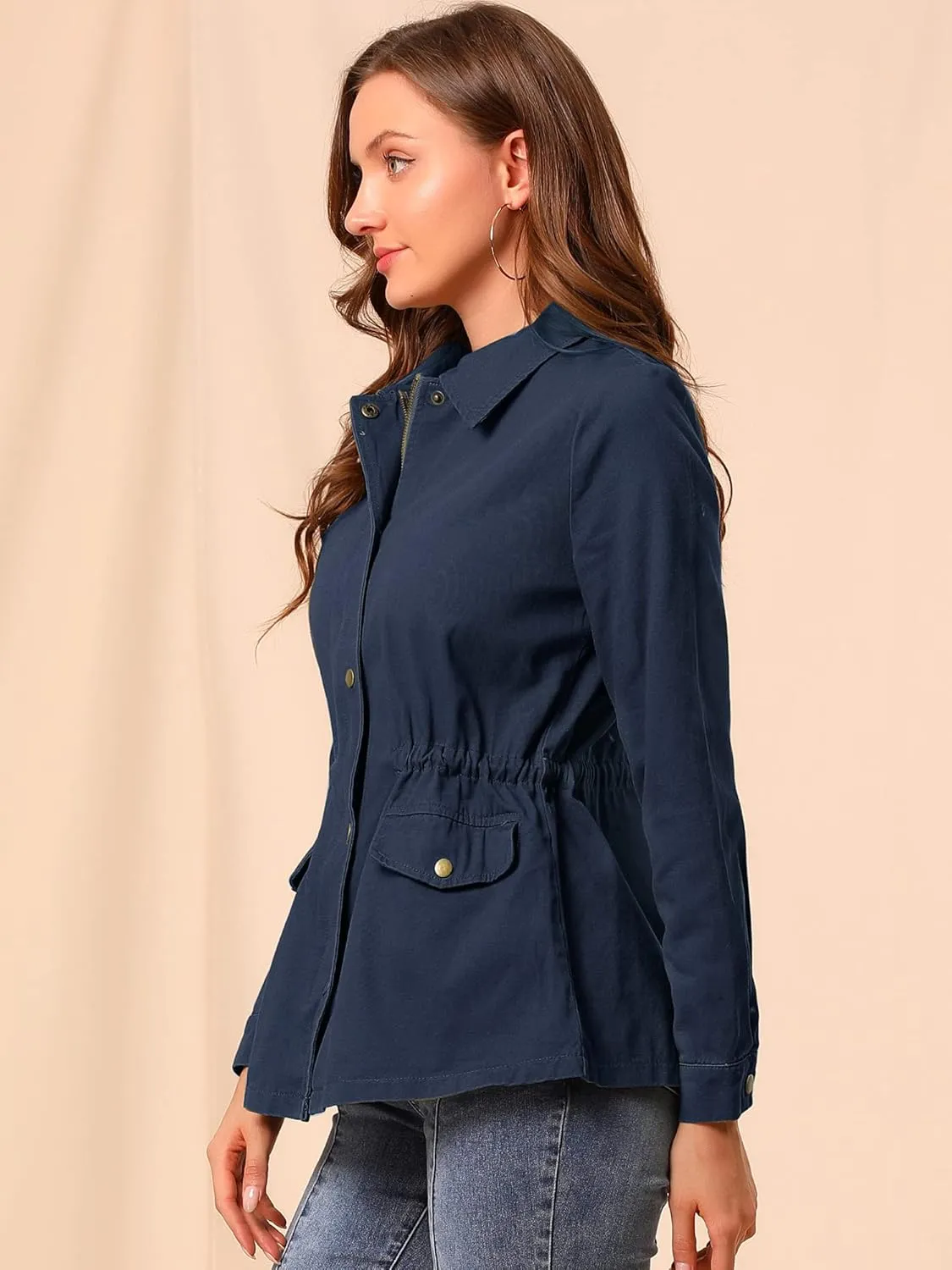 Allegra K Women's Utility Jackets Drawstring Waist 2025 Spring Flap Pockets Lightweight Jacket