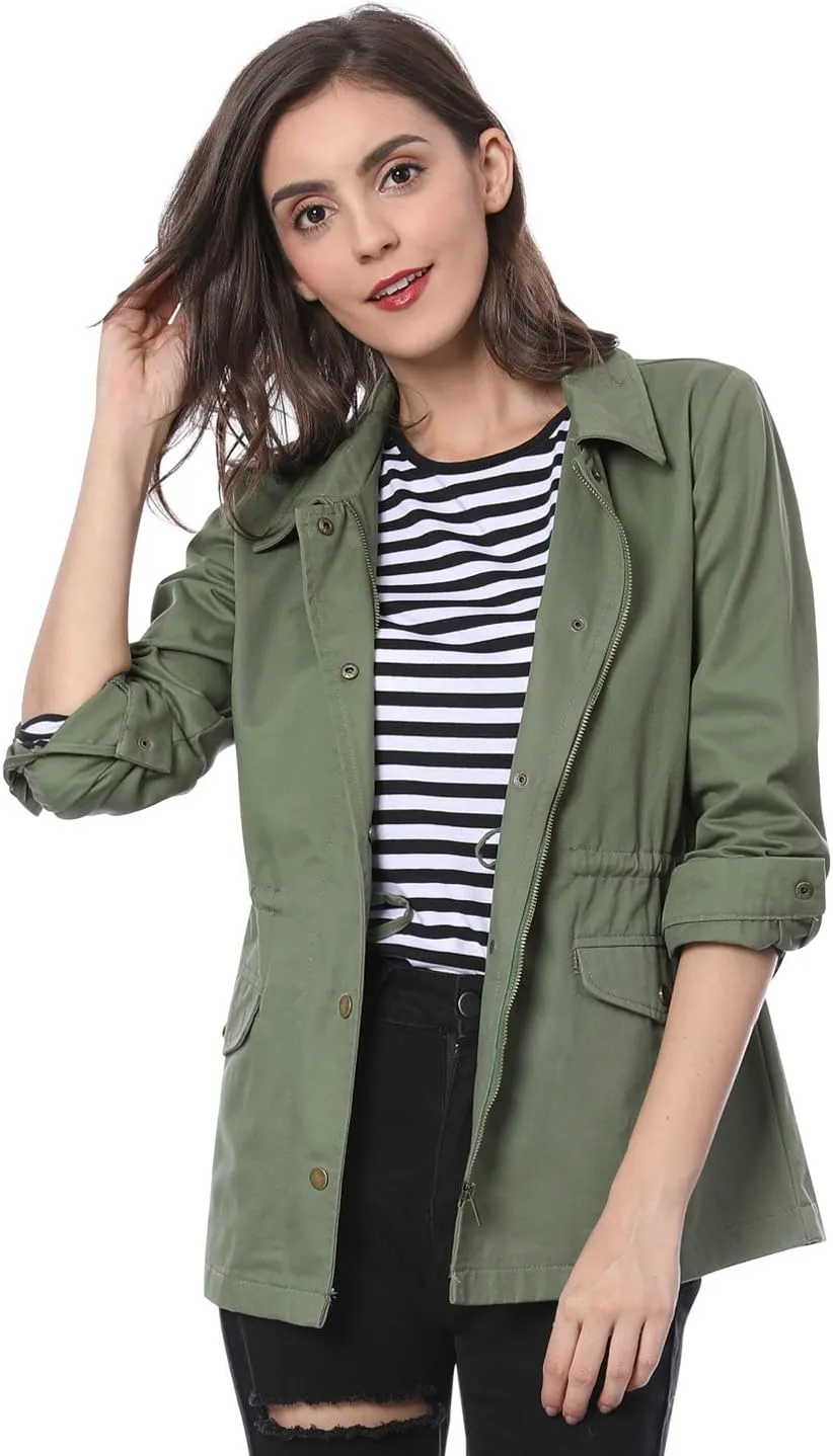 Allegra K Women's Utility Jackets Drawstring Waist 2025 Spring Flap Pockets Lightweight Jacket