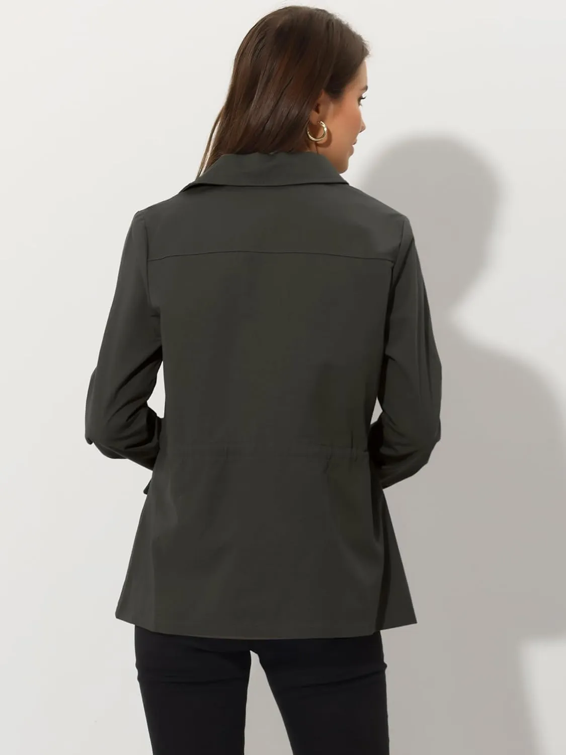 Allegra K Women's Utility Jackets Drawstring Waist 2025 Spring Flap Pockets Lightweight Jacket