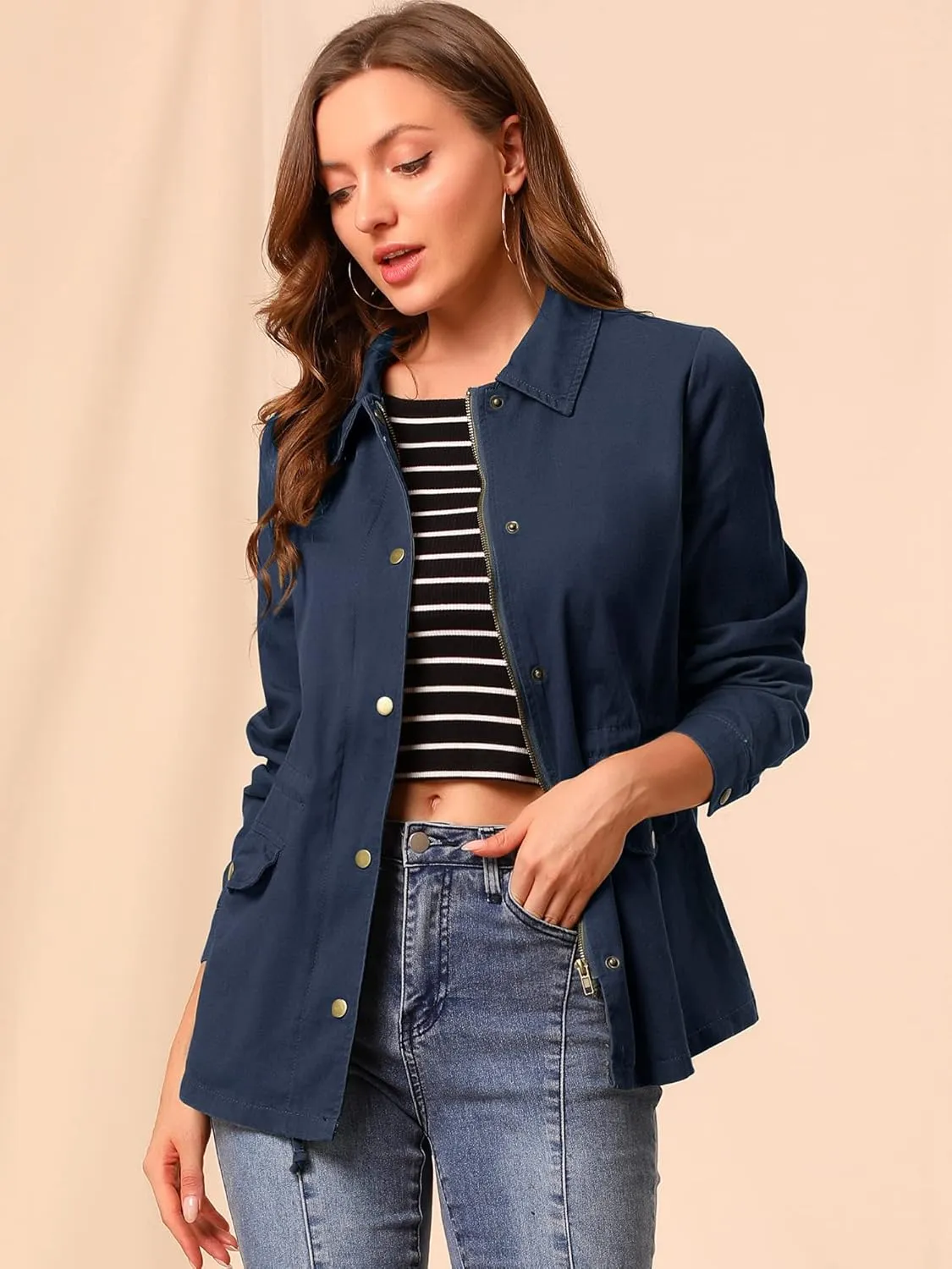Allegra K Women's Utility Jackets Drawstring Waist 2025 Spring Flap Pockets Lightweight Jacket