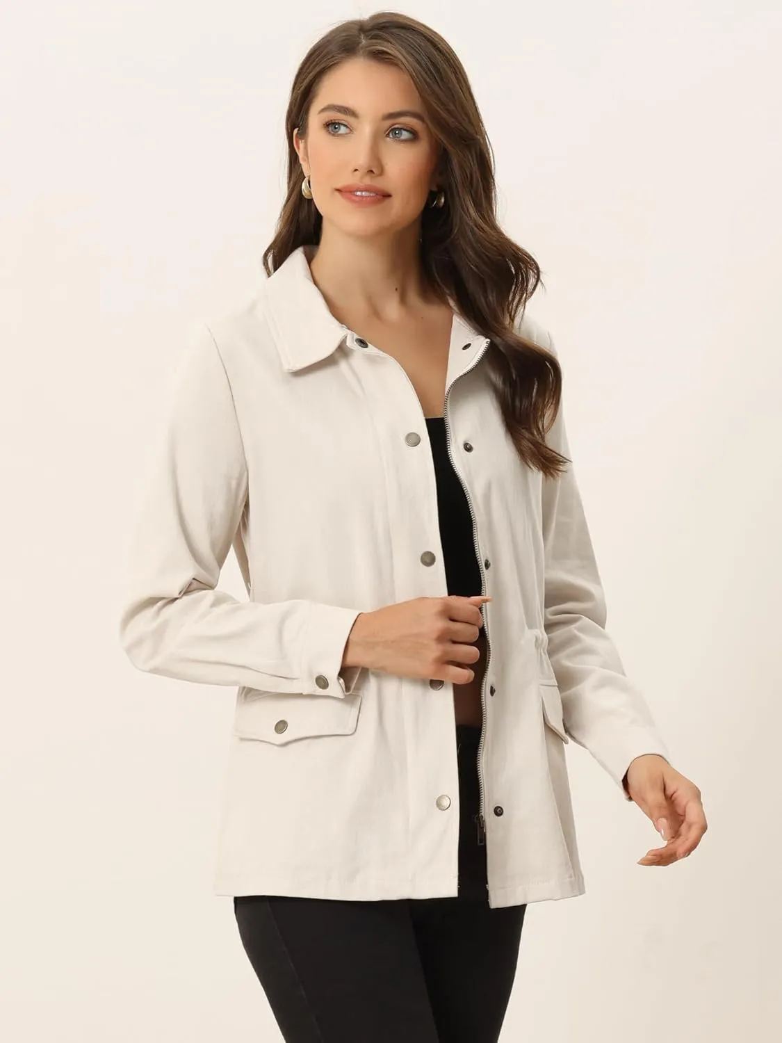 Allegra K Women's Utility Jackets Drawstring Waist 2025 Spring Flap Pockets Lightweight Jacket