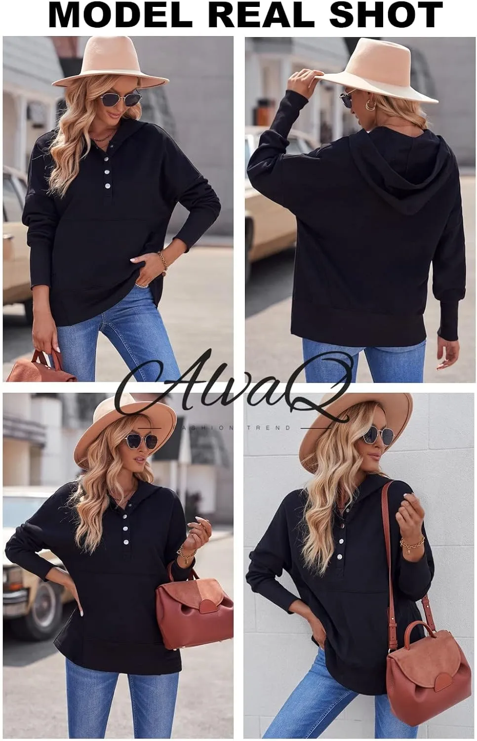 AlvaQ Women Casual Button V Neck Hoodies Oversized Pullover Sweatshirt Hooded Tops with Pockets