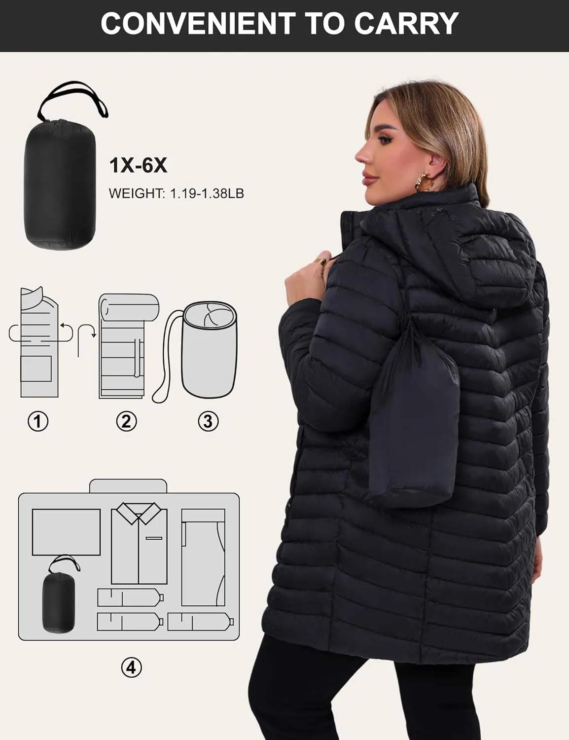 ANOTHER CHOICE Plus Size Puffer Jacket for women, Packable Hooded Lightweight Travel Puffy Jacket (1X-6X)